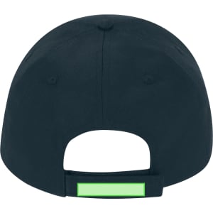 A black cap featuring a green accent at the back and a logo. It's designed for casual wear.