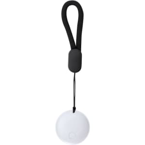 A white circular tracker with a black wrist strap and a small logo.