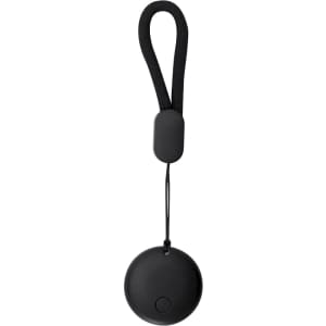 A black circular tracking device with a black strap for easy attachment. It features a simple design and a logo.