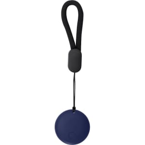 A navy circular tracker with a black strap attached for easy carrying. It includes a small logo on the design.