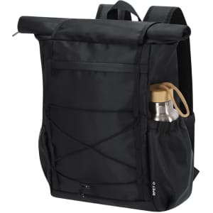 A black Zanjur Backpack featuring a roll-top design, a front pocket, and a side pocket for a drink bottle.