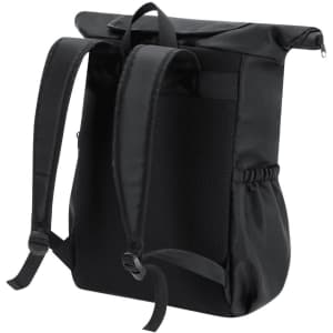 A black Zanjur backpack with adjustable straps and a textured back panel, featuring a side pocket and a logo.