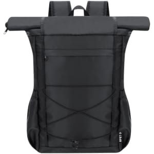 A black Zanjur backpack with a roll-top closure and multiple exterior pockets, featuring a logo.