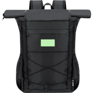 A black backpack with roll-top closure, adjustable straps, and a front pocket. It features a logo.