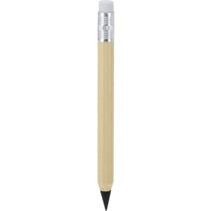 A wooden pencil with a silver ferrule and a white eraser, featuring a sharpened black tip.