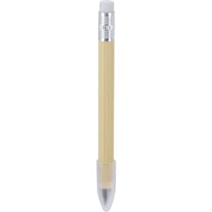 A pencil with a bamboo body, silver accents, and a clear cap at the end. It has a logo on the barrel.