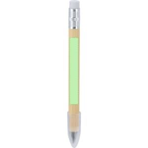 A bamboo pencil with a transparent tip and silver accents, featuring a light green section for customisation.