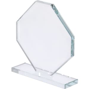 A clear octagonal glass plaque stands on a solid base, featuring a polished finish and sharp edges.