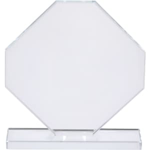 A clear acrylic octagonal plaque with a rectangular base, designed for awards and trophies.