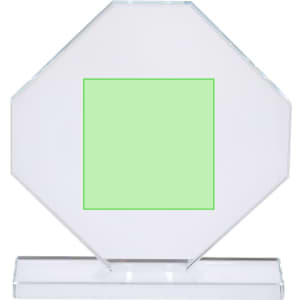 An octagonal clear acrylic plaque with a green inset, mounted on a transparent base.