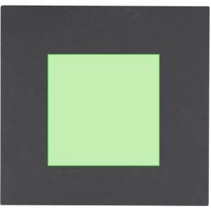 A square plaque with a black border and a central green square, featuring a logo.
