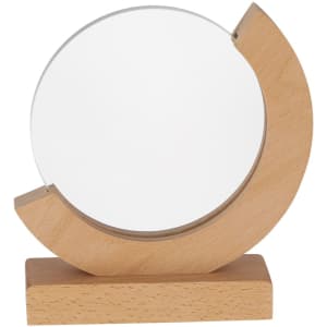 A circular clear plaque mounted on a light wooden base, featuring a curved wooden frame.