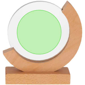 A trophy with a circular glass centre and a wooden base, featuring a green insert.
