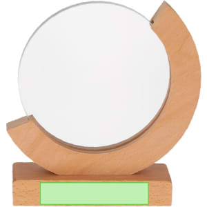 A circular glass plaque with a wooden base, featuring a smooth finish and a minimalist design.