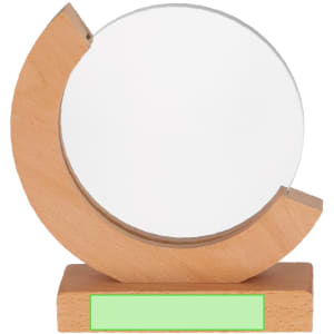 A wooden trophy with a circular glass insert, featuring a green base for engraving, in a modern design.
