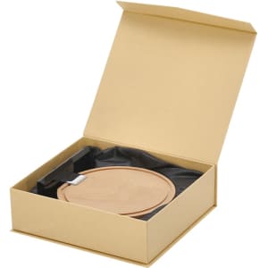 A wooden plaque in a gift box with black fabric lining, featuring a sleek design. The box is gold.