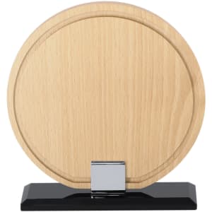 A wooden plaque with a smooth, natural finish, mounted on a black base, featuring a minimalist design.
