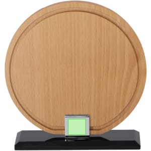A wooden plaque with a round design, mounted on a black base, featuring a small square display section.