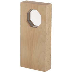 A wooden plaque featuring a hexagonal cutout, crafted from light-coloured timber. It has a simple, modern design.