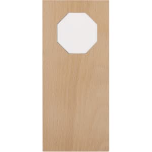 A wooden plaque in light wood finish with an octagonal cut-out at the top centre. It has a logo on the surface.