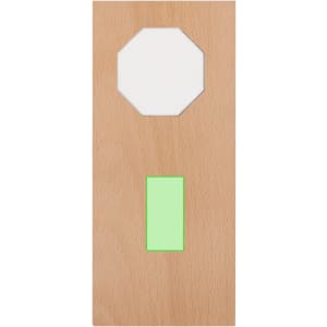 A wooden plaque in a natural finish featuring an octagonal and a rectangular cut-out in green. It has a logo.