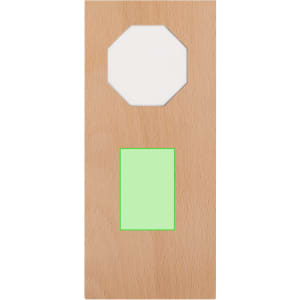 A wooden plaque featuring an octagonal cutout and a rectangular green section, with a logo at the bottom.