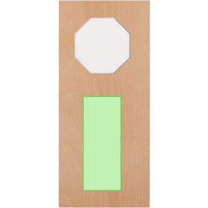 A wooden plaque featuring a light green rectangular area and a white octagonal cutout.