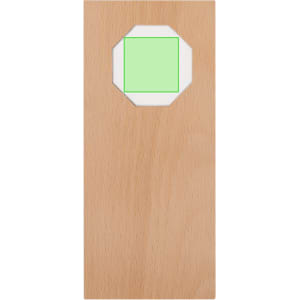A wooden plaque featuring an octagonal cutout with a green square in the centre. It has a logo on the surface.