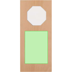 A wooden plaque featuring an octagonal and rectangular space, with a light green border and a natural wood finish.