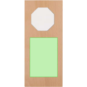 A wooden plaque featuring a green rectangular section and an octagonal white area at the top. Includes a logo.