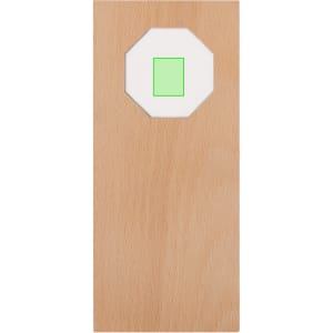 A wooden plaque featuring a white octagonal shape with a green square in the centre. It has a simple design.