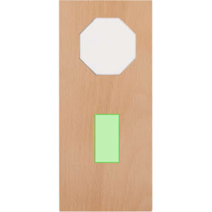 A wooden plaque with an octagonal cutout at the top and a green rectangular cutout at the bottom.