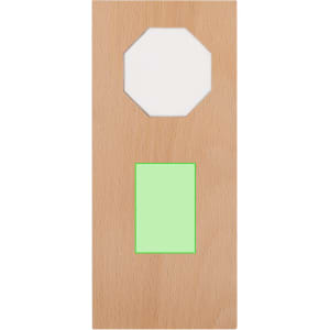 A wooden plaque with a natural finish featuring two cut-out shapes: an octagon and a rectangle in green.