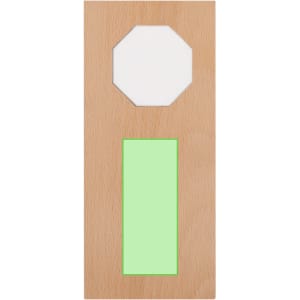 A wooden plaque with a natural finish, featuring an octagonal white section and a rectangular green area.
