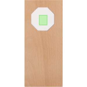 A wooden plaque in a natural finish with an octagonal design and a green square centre. It features a logo.