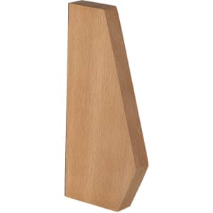 A wooden plaque with an angular design, featuring a natural finish and a smooth surface. It has a logo on one side.