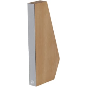 A wooden plaque with a sleek, angled design featuring a silver edge and a branding logo.