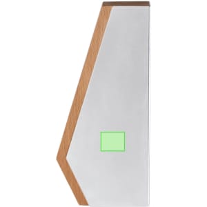 A geometric plaque featuring a wooden side and a silver metal finish, with a green square area.