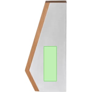 A sleek, modern plaque in silver and wood finish, featuring a minimalist design with a logo area.