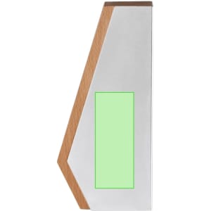 A decorative plaque featuring a wooden base and metallic silver surface with a rectangular green insert.