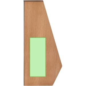 A wooden award plaque with a green rectangular space and a sleek angular design. It features a branding logo.