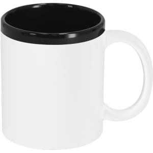 A white coffee mug with a black rim and handle, featuring a logo.