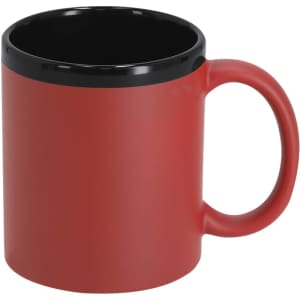 A coffee mug in red with a black interior and handle, featuring a simple design and a logo.