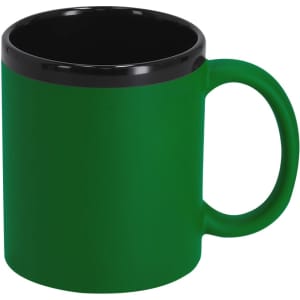 A coffee mug in green with a black interior and handle, featuring a logo on its side.