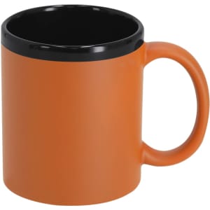 An orange mug with a black interior and handle. It features a smooth finish and has a logo.