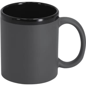 A coffee mug with a matte grey exterior and a glossy black interior. Features a handle and a logo.