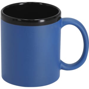 A drinkware mug in a blue exterior with a black interior, featuring a handle and branding.