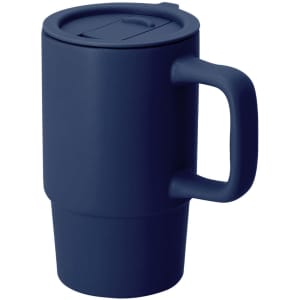 A navy blue coffee mug with a handle and a lid, featuring a smooth finish and a modern design.