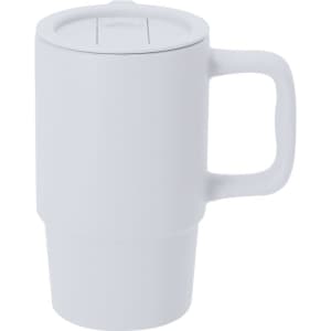 A white coffee mug with a handle and a secure lid, featuring a smooth finish and a simple design.