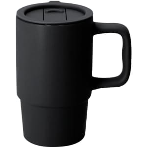 A black coffee mug with a handle and a lid. It features a sleek, matte finish and has a logo.